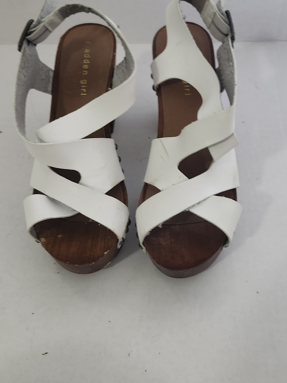 Madden Girl White Strappy Wedge Wooden Platform Sandals